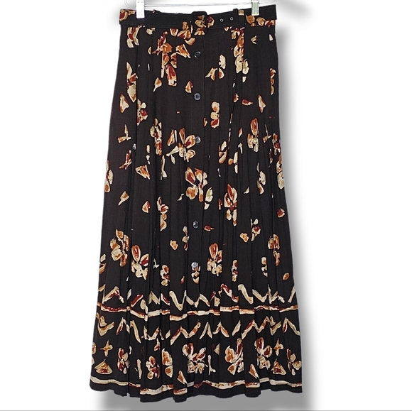 Together Dresses & Skirts - Together Vintage Maxi Skirt Size 8 Dark Brown Floral Pleated Button Front Modest